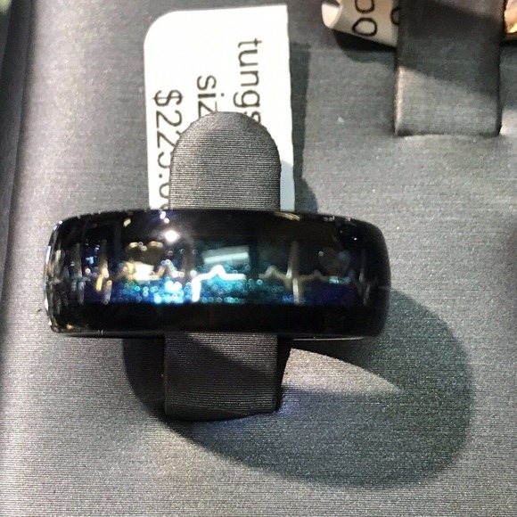 Mens Tungsten Ring Sz10.5 Black/Lab Created Opal Strip Unique Look New W Tags - Picture 3 of 3